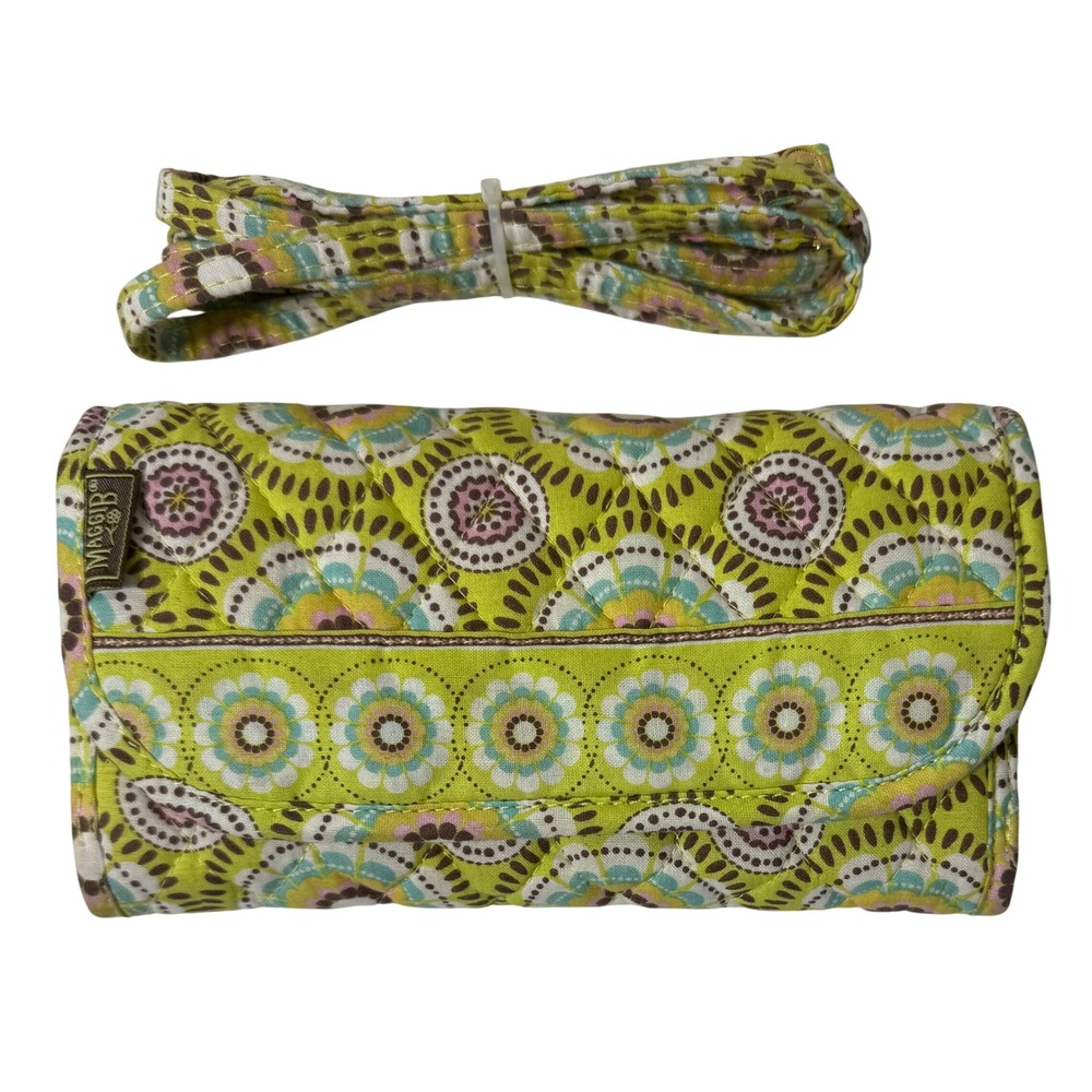 Maggi B Quilted Cotton Crossbody Wallet Bag Lime Green Pink‎ Floral Medallion